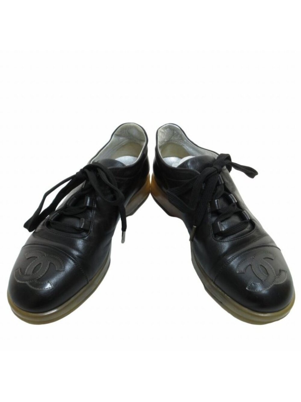 Chanel Leather Sneakers Clear Sole Shoes CC Logo Black - Picture 4 of 9